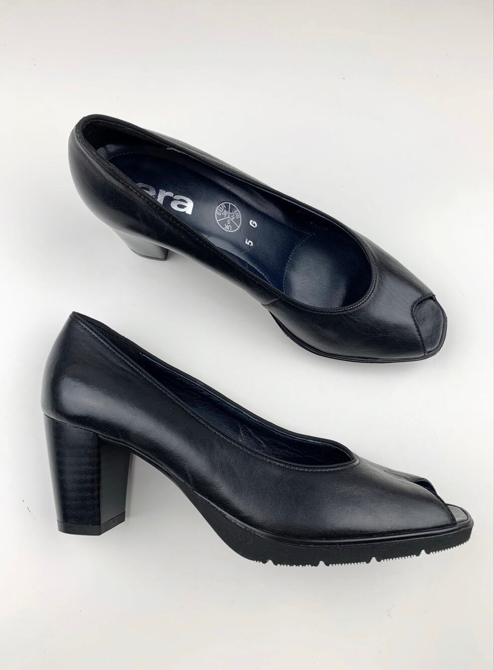 Ara Heels Black Leather Slip On Pumps Peep Toe Comfort Classic Women's 7.5